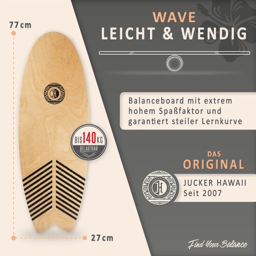 JUCKER HAWAII Balance Board Wahine Set – Inkl. Korkrolle, 77x27 Cm, Aus Birke/Ahorn, Für Gleichgewichtstraining
